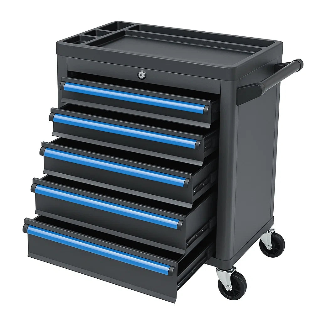 Stahl Werkzeugwagen mit 5 Schubladen, Schwarz/Blau