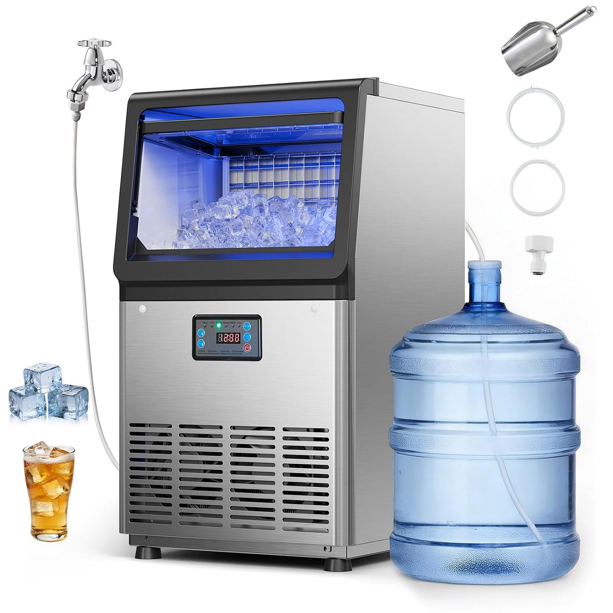 Vevor Ijsmachine IJsblokjesmachine, 41 kg/24 uur, capaciteit 6 kg, voor bar, led-display, commerciële ijsproductie van roestvrij staal, restaurant