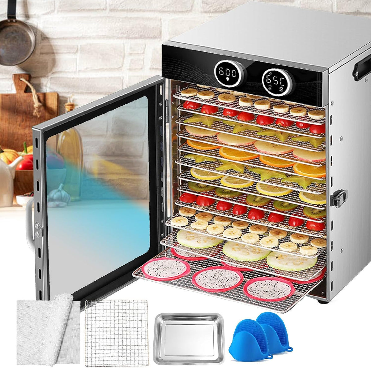 agreilduite Voedseldroger Commerciële, maximale temperatuur van 90 °C en 24 uur timer, met 12 lades van roestvrij staal, 1200W snel droogmachine