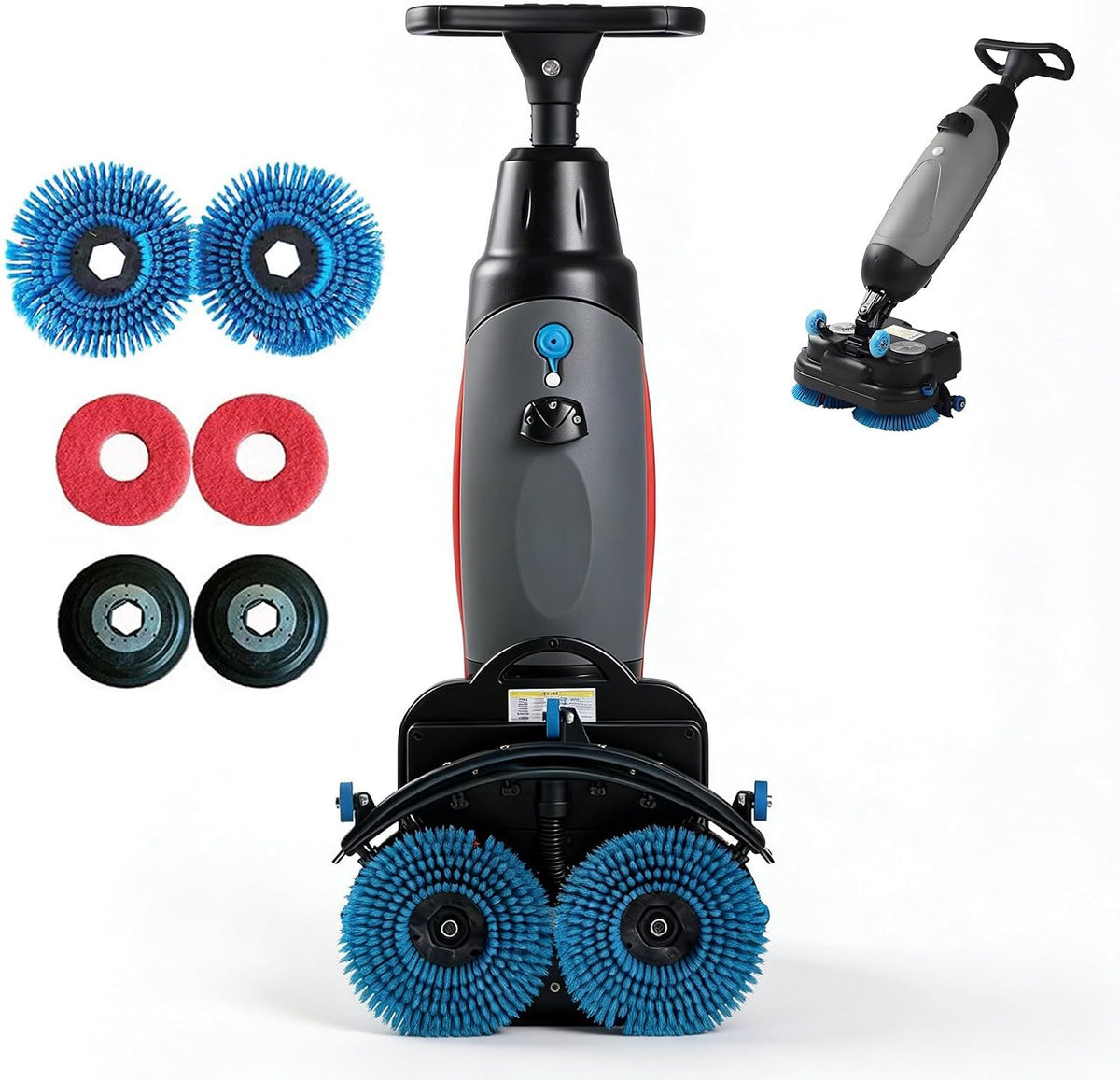 Hcauynn Vloerreinigingsmachine Commerciële elektrische vloerschrobber, met 43,2 cm reinigingsbreedte, 360° draaibare dubbele borstels, grijs
