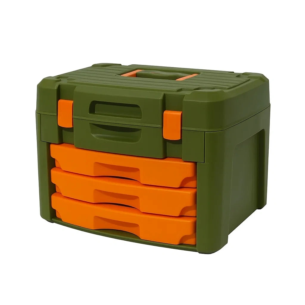 Kunststoff-Aufbewahrungsbox mit 3 Schubladen, Grün/Orange, 40x30x30 cm