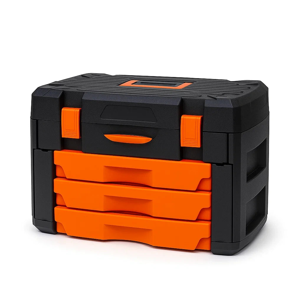 Werkzeugkoffer mit 3 Schubladen Schwarz/Orange Kunststoff
