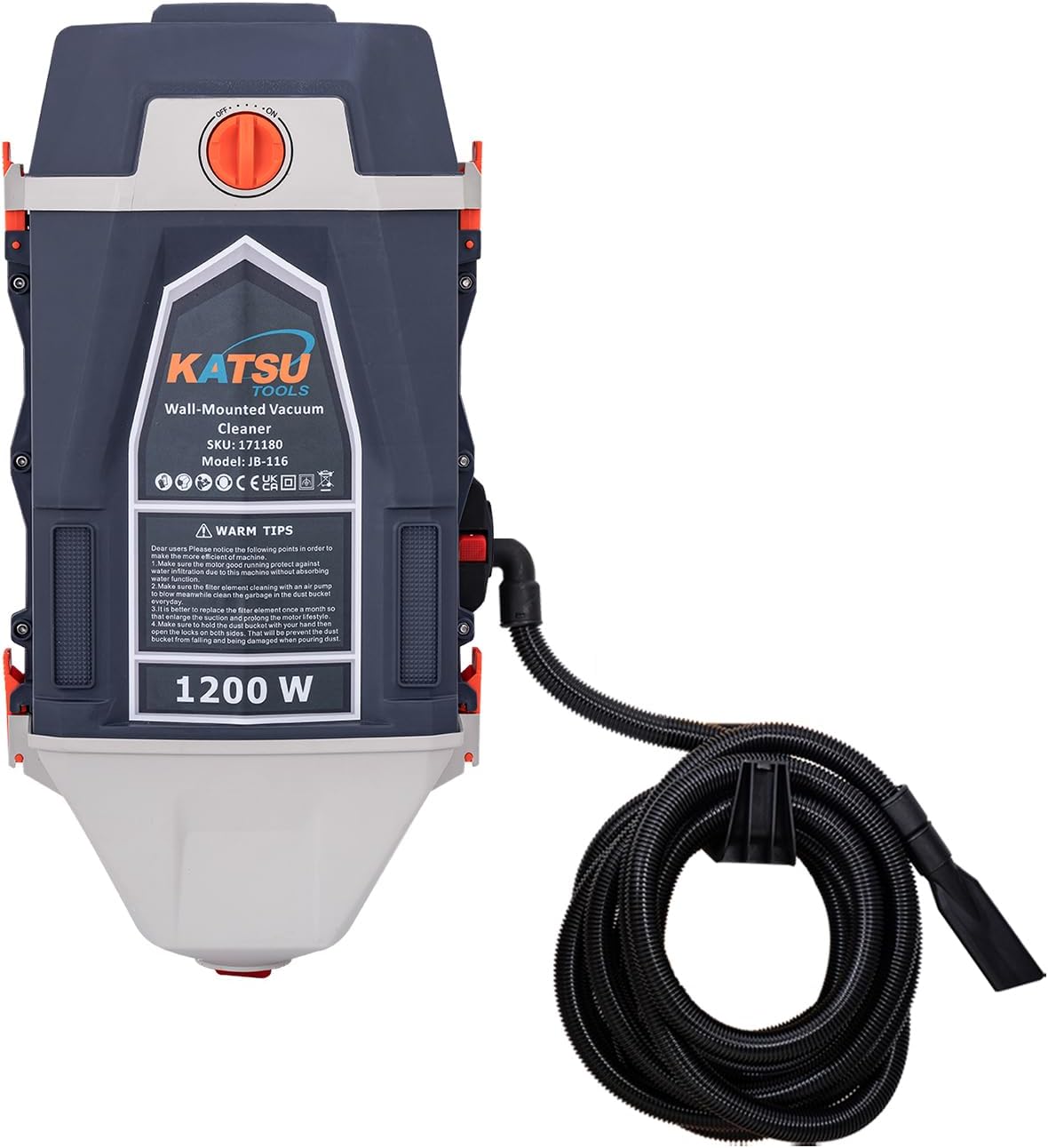Katsu Tools Luchtreiniger Wandgemonteerde garagestofzuiger 25 liter 1200 W, met 10 m slang 171180, stofafzuiging en ventilator
