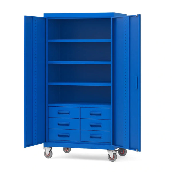 Blauer Metallschrank mit Regalen und Schubladen auf Rollen