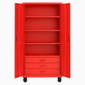 Roter Stahlspind mit Rädern und Schubladen