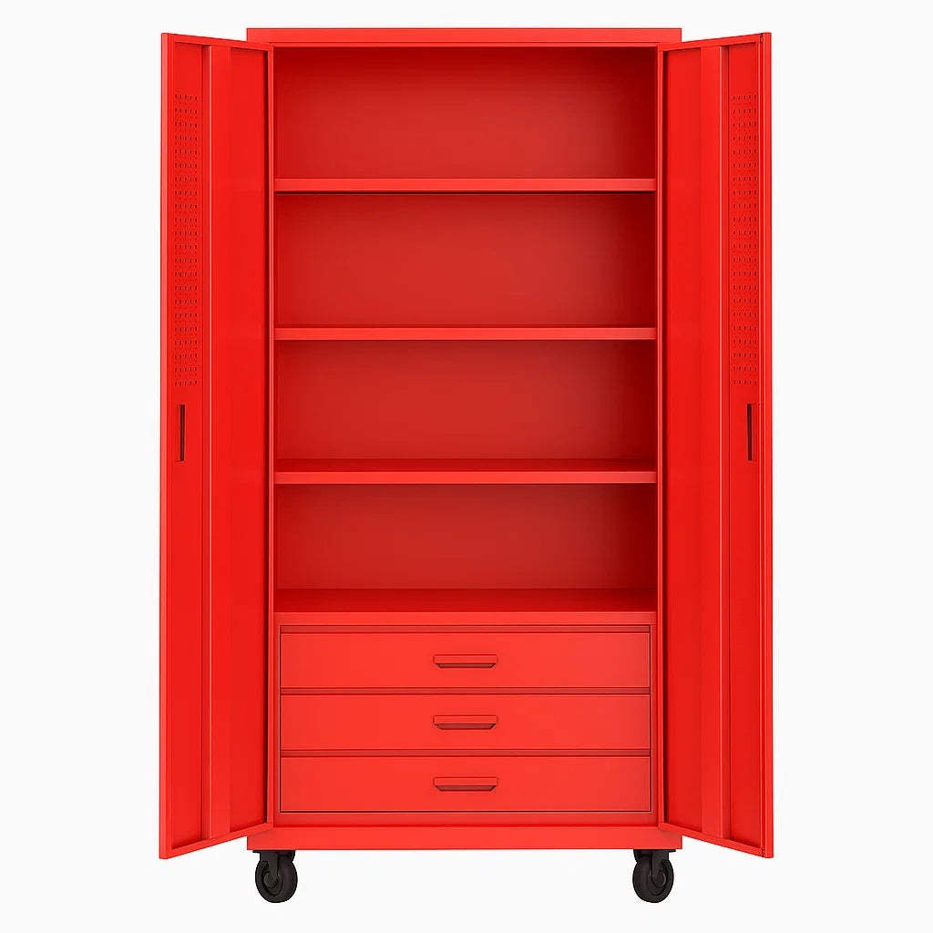 Roter Stahlspind mit Rädern und Schubladen