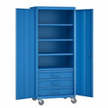 Blauer Metallschrank mit Rollen und Regalen