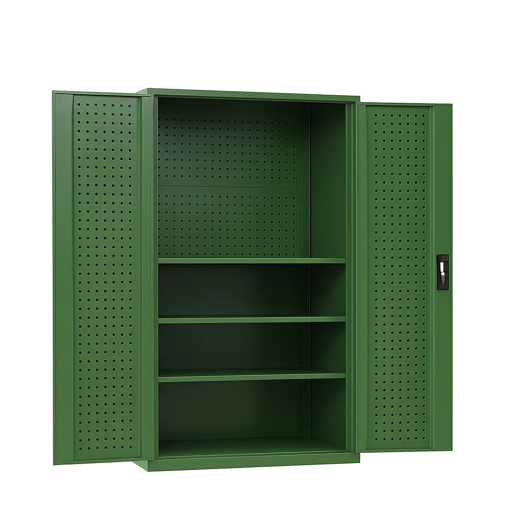 Metallschrank mit Lochblechtüren Grün