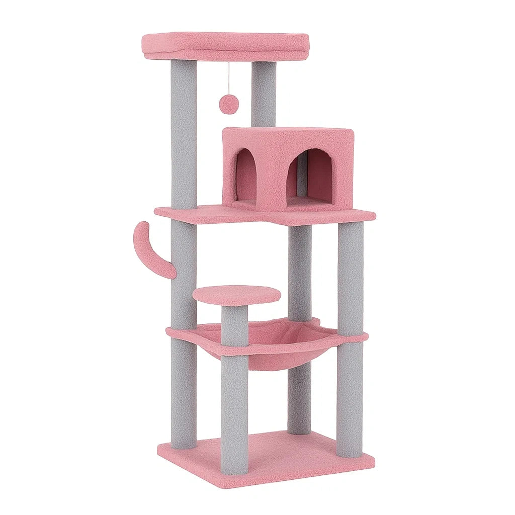 Katzenkratzbaum aus Spanplatte und Textil in Rosa und Grau 140cm