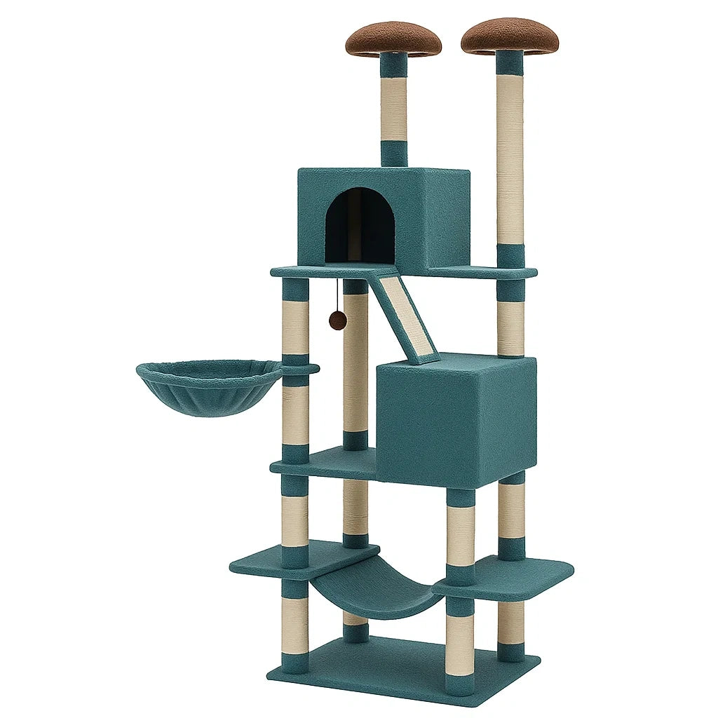 Kratzbaum für Katzen aus Holzfaser und Sisal, 145 cm, Beige/Blau