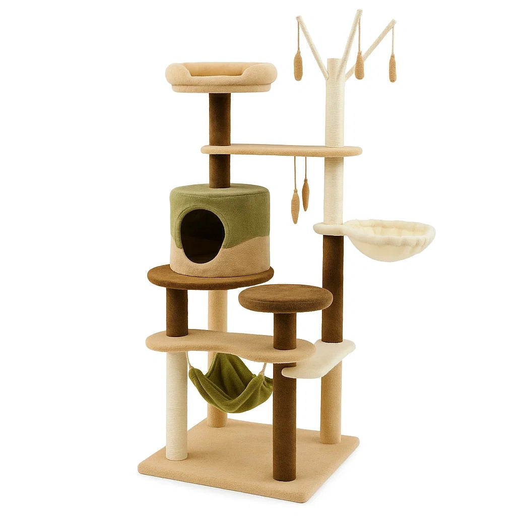 Katzenkratzbaum aus Plüsch und Sisal in Beige/Grün