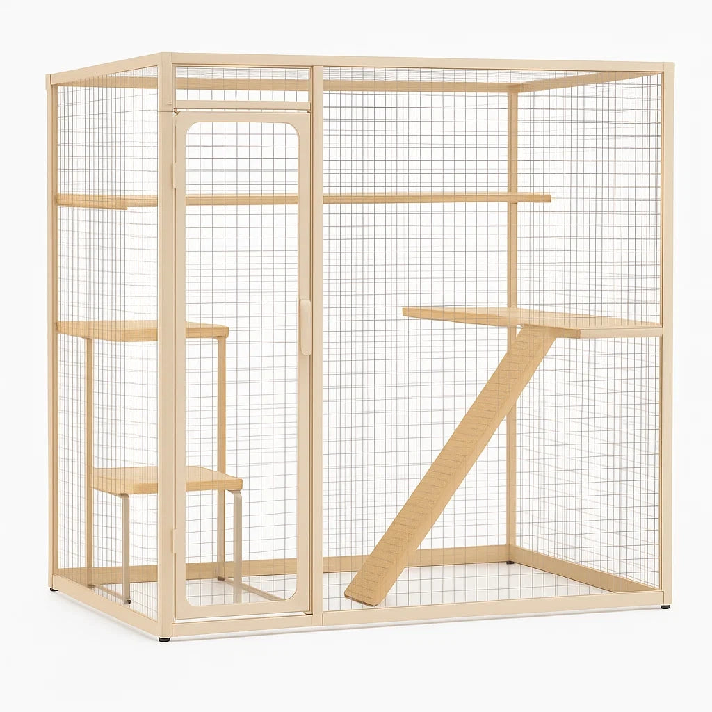 Metall-Katzenkäfig mit Holzplattformen und Rampe 200x100x150 cm