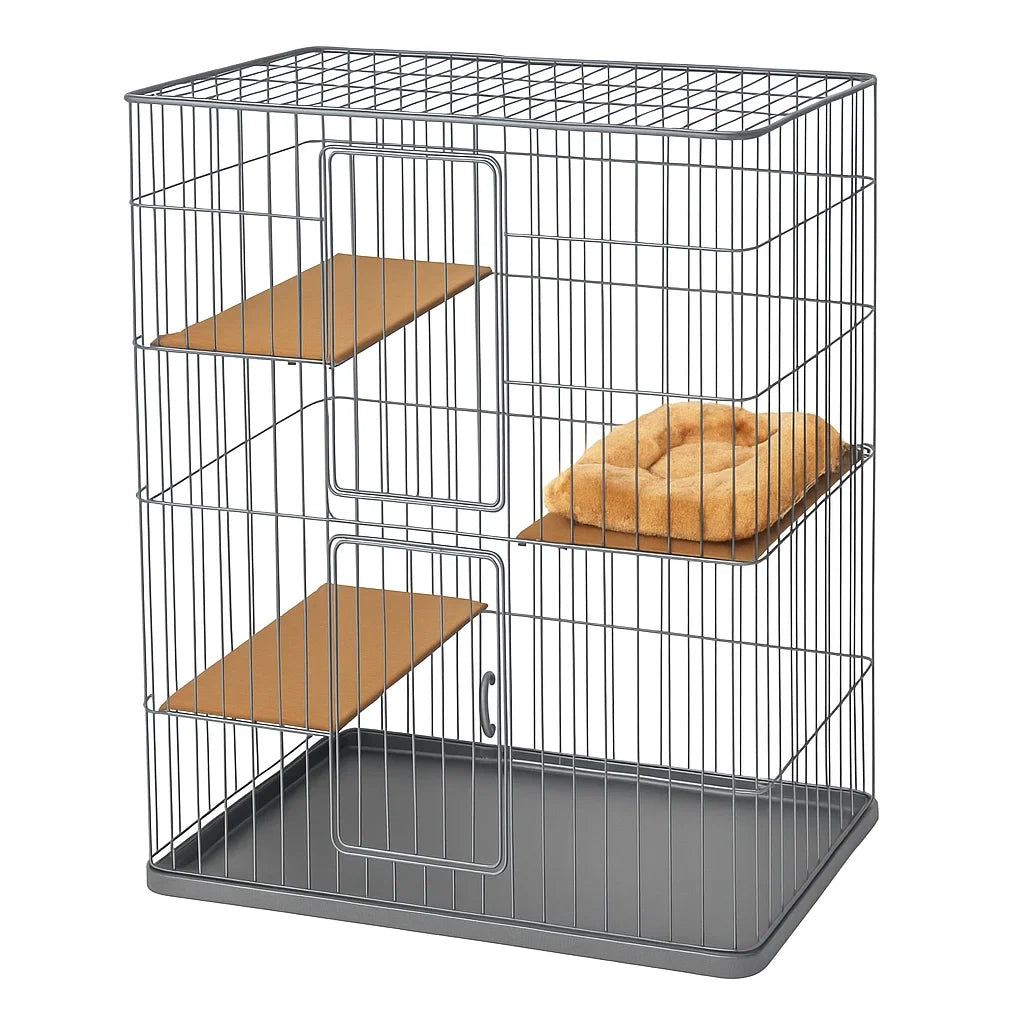 Stahl Katzenkäfig mit 3 Ebenen und Holzböden Grau