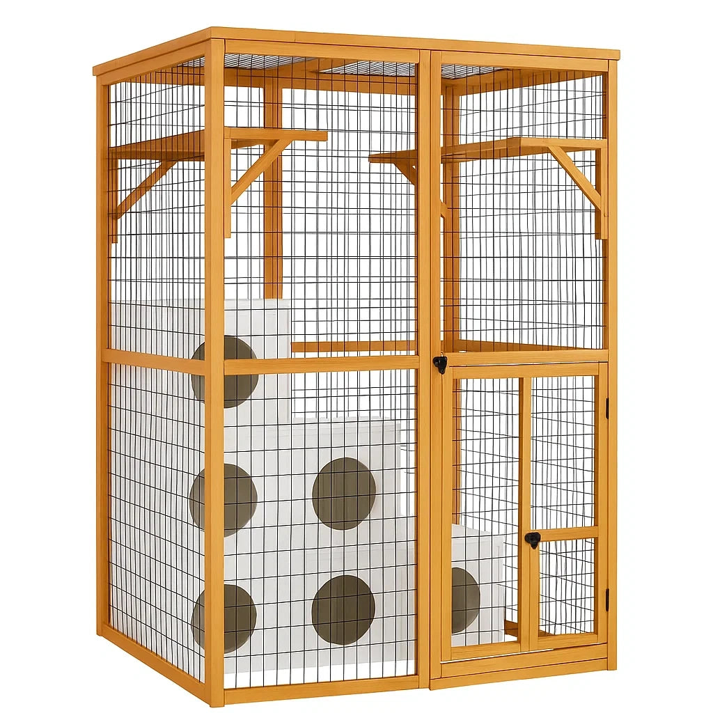 Großer Holz-Katzenkäfig mit Drahtgitter und Plattformen