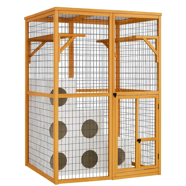 Großer Holz-Katzenkäfig mit Drahtgitter und Plattformen