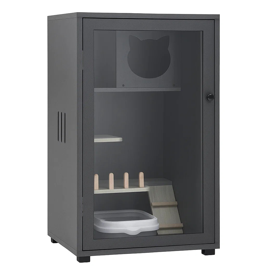 Katzenschrank Metall Schwarz mit Glastür und Innenregal