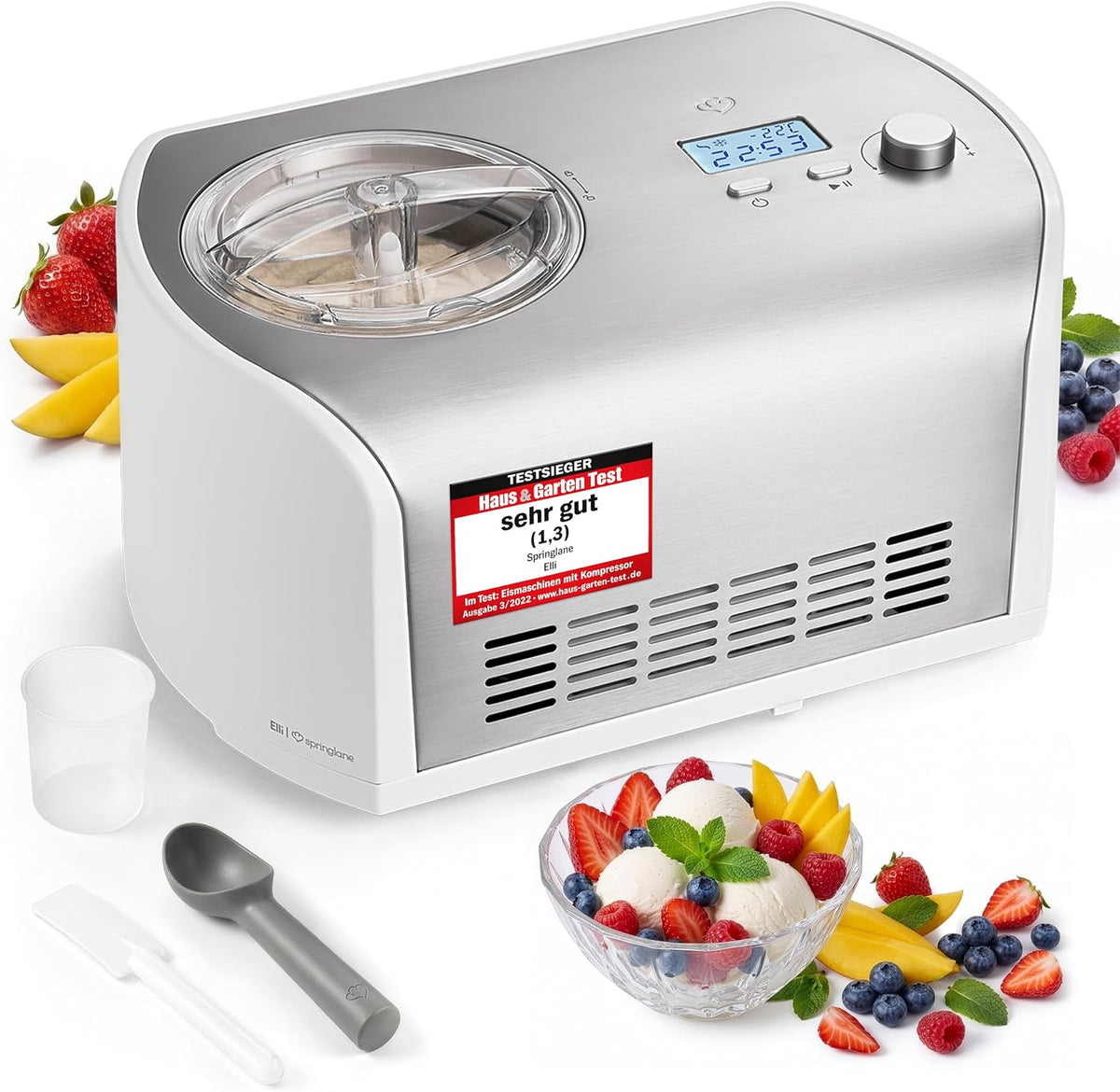Springlane Kitchen Ijsmachine Elli 1,2 L, met zelfkoelende compressor 135w, ijsmaker gemaakt van roestvrij staal, met uitneembare bewaarcontainer