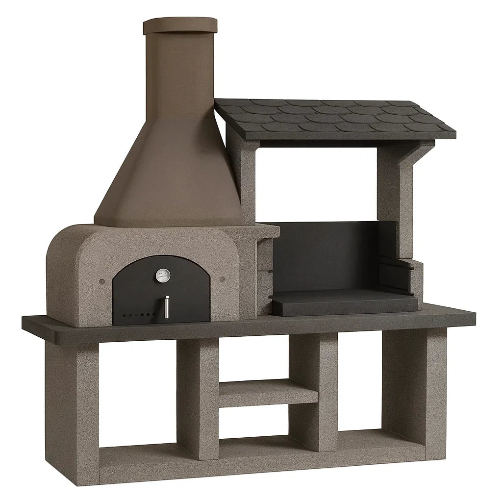 Gartenkamin Pizzaofen mit Grill aus Beton in Dunkelgrau und Anthrazit