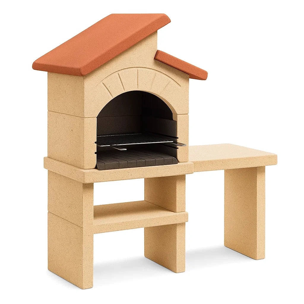 Betongrill Gartenkamin mit Seitentisch Beige/Rot