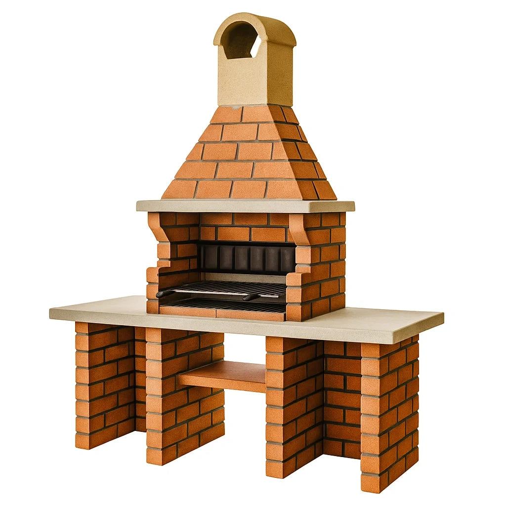 Grillkamin aus Ziegelstein und Beton mit Schornstein
