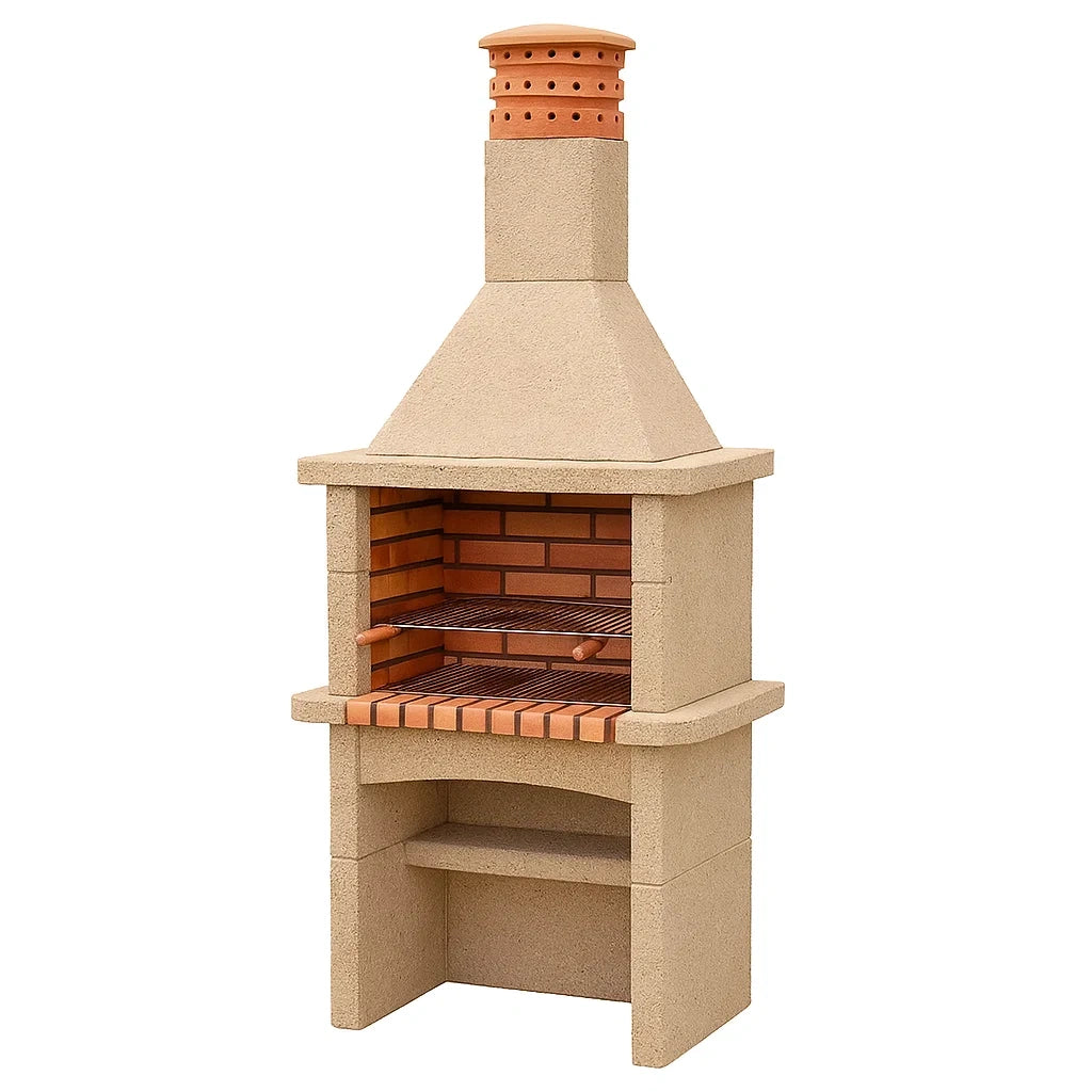 Betongrill mit Schornstein aus Beton und Ziegel, Beige/Rot