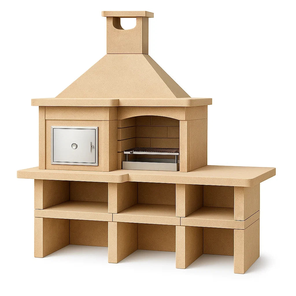 Gartenkamin Grillofen aus Beton mit Edelstahl Beige