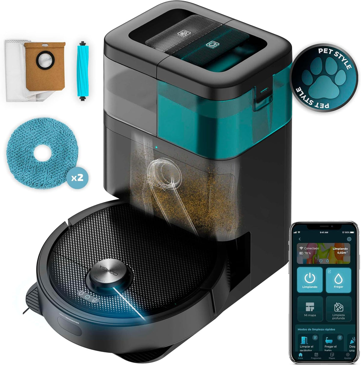 Cecotec Robotstofzuiger, met dweilfunctie Conga 15090 SpinArm Home&Wash. 8000 Pa, app, lasernavigatie, automatische leegbasis, met stof- en watertanks