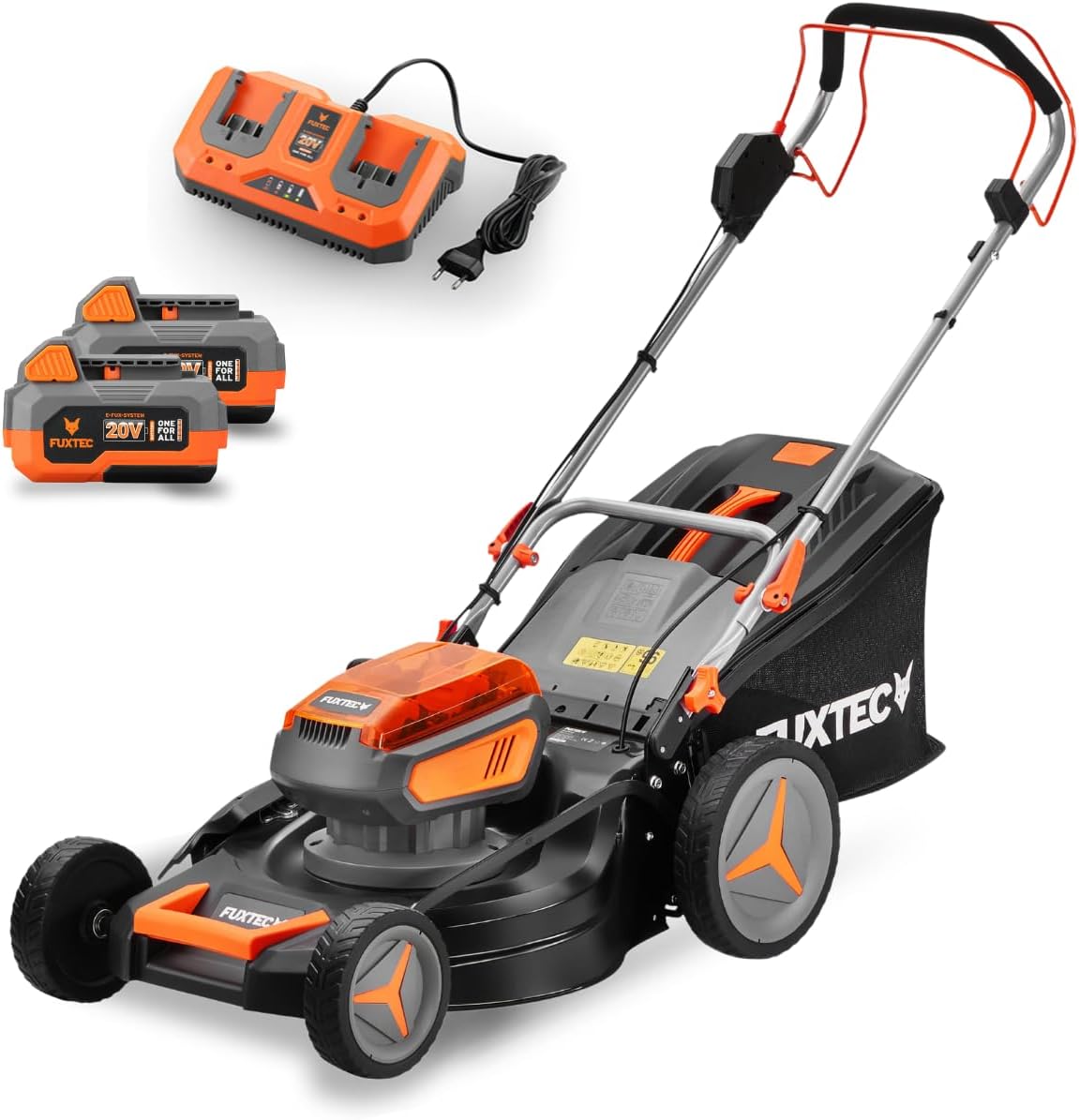 Elektrische maaier Fuxtec Draadloze grasmaaier 40V (2X20V), E2RM43 - maaibreedte 43cm, 2 Li, Ion batterijen 4Ah, dubbele oplader 2,4A, opvangbak 40L