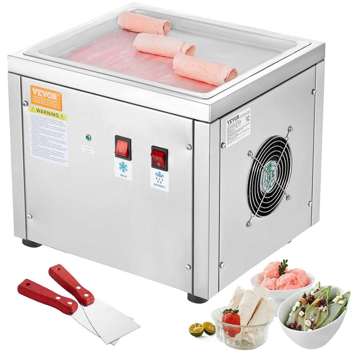 Vevor Ijsmachine Machine, 28 x 24 x 2 cm, met compressor en 2 schrapers, voor gefrituurde ijsrollen, pan, voor het frituren van ijs