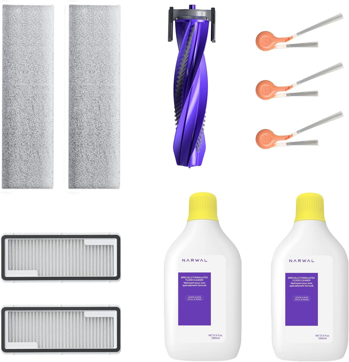 Narwal Vloerreinigingsmachine Flow 2 originele accessoires: 2x dweildoeken, 2x HEPA-filter, 1x anti-klit-rolborstel, 3x zijborstels