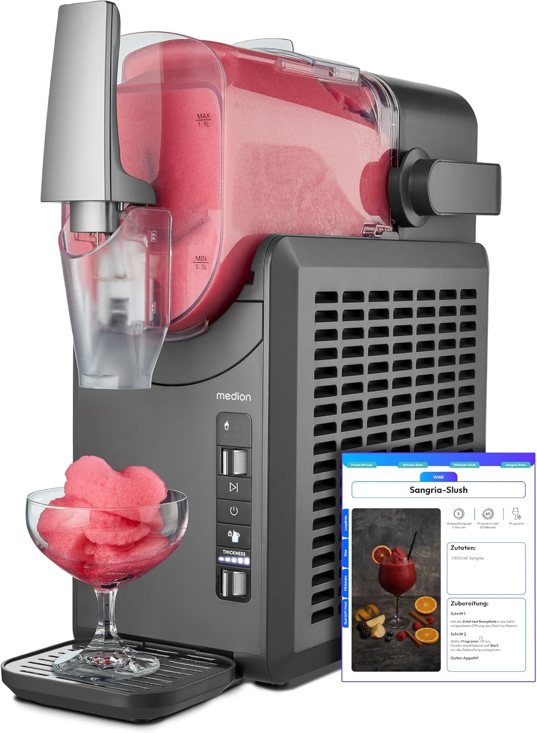 Ijsmachine Medion Slush Machine (2,6L capaciteit, bereidingstijd 30–60 min, 1,9L inhoud, 5 standen, MD12090), voor slushijs, slush maker, voor dranken