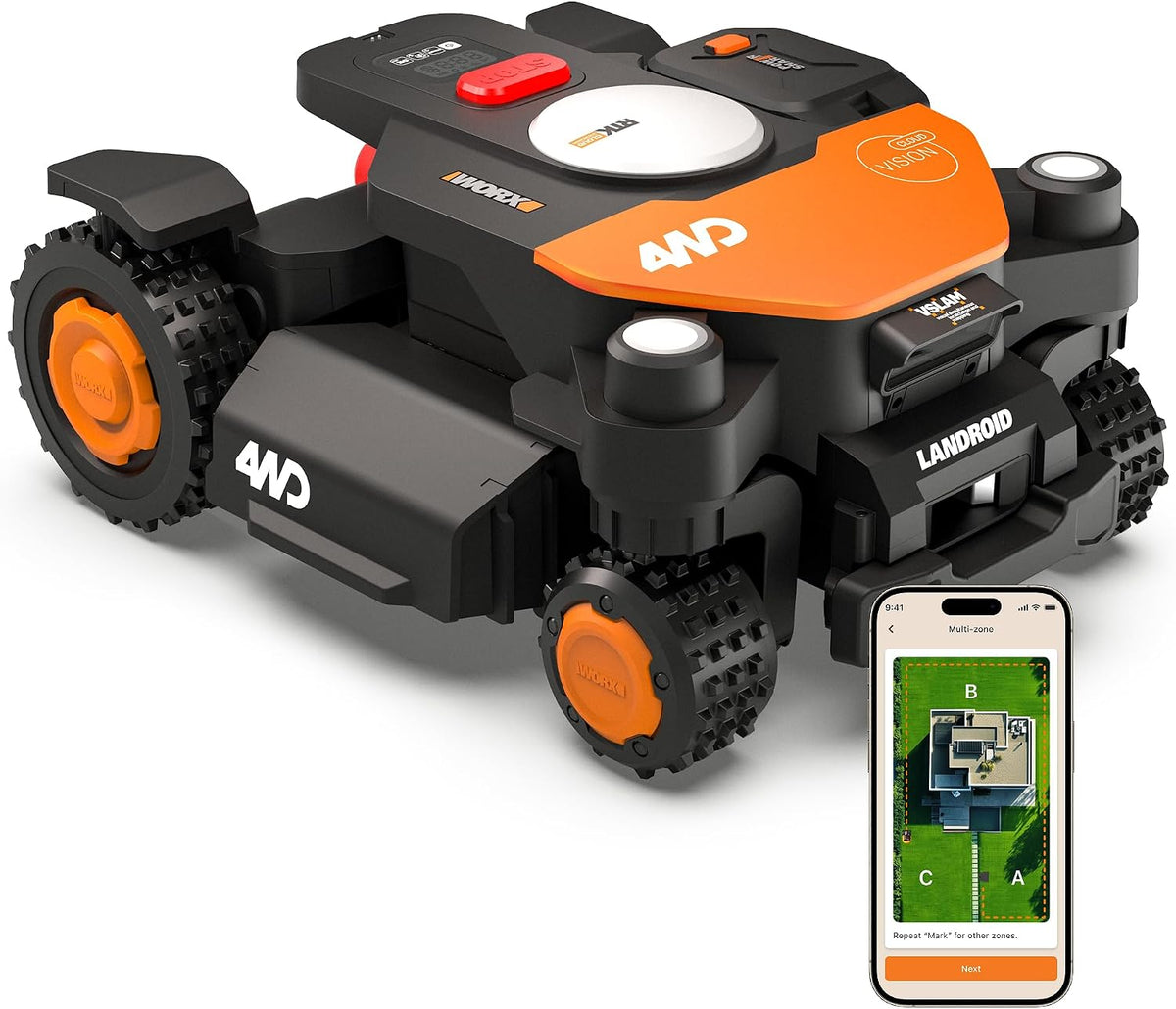 WORX Robotmaaier Landroid Vision Cloud WR340E 4WD robotgrasmaaier, voor 4000 m2, 84% helling, zonder begrenzingsdraad, (AI-obstakelherkenning
