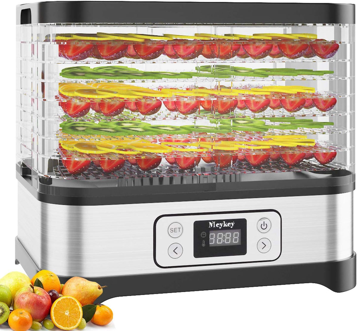 Voedseldroger Nictemaw Fruitdroogautomaat, 400 W, 72-uurs timer, met 8 vakken, 35-70 °C, zilver, roestvrij staal, dehydrator, met temperatuurregelaar