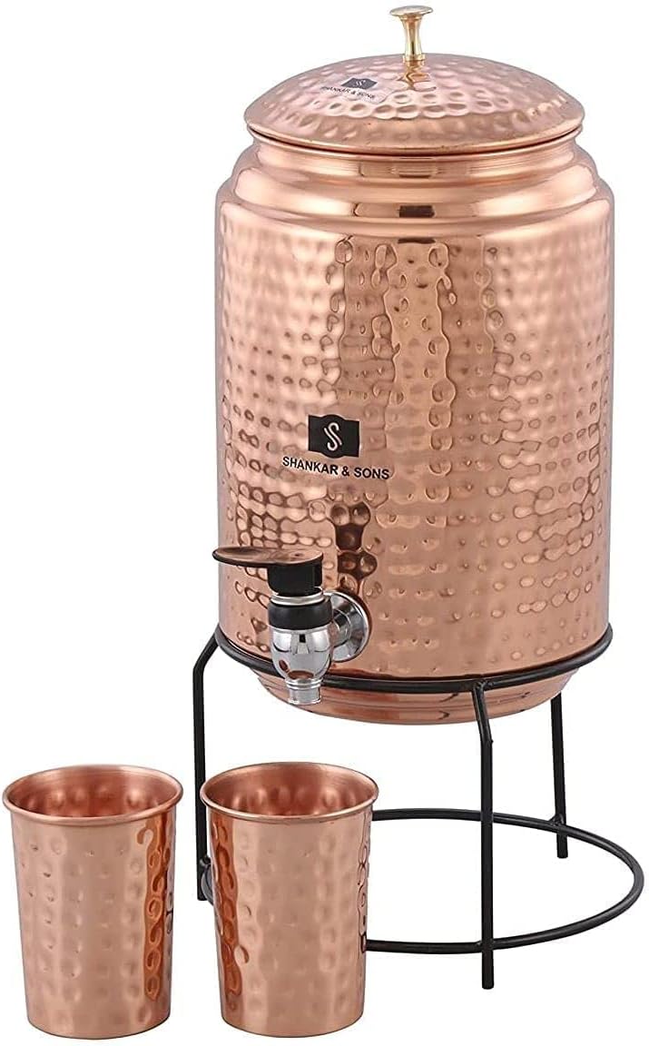 Shankar & SONS Waterdispenser 5 liter koperen, met standaard en 2 glazen