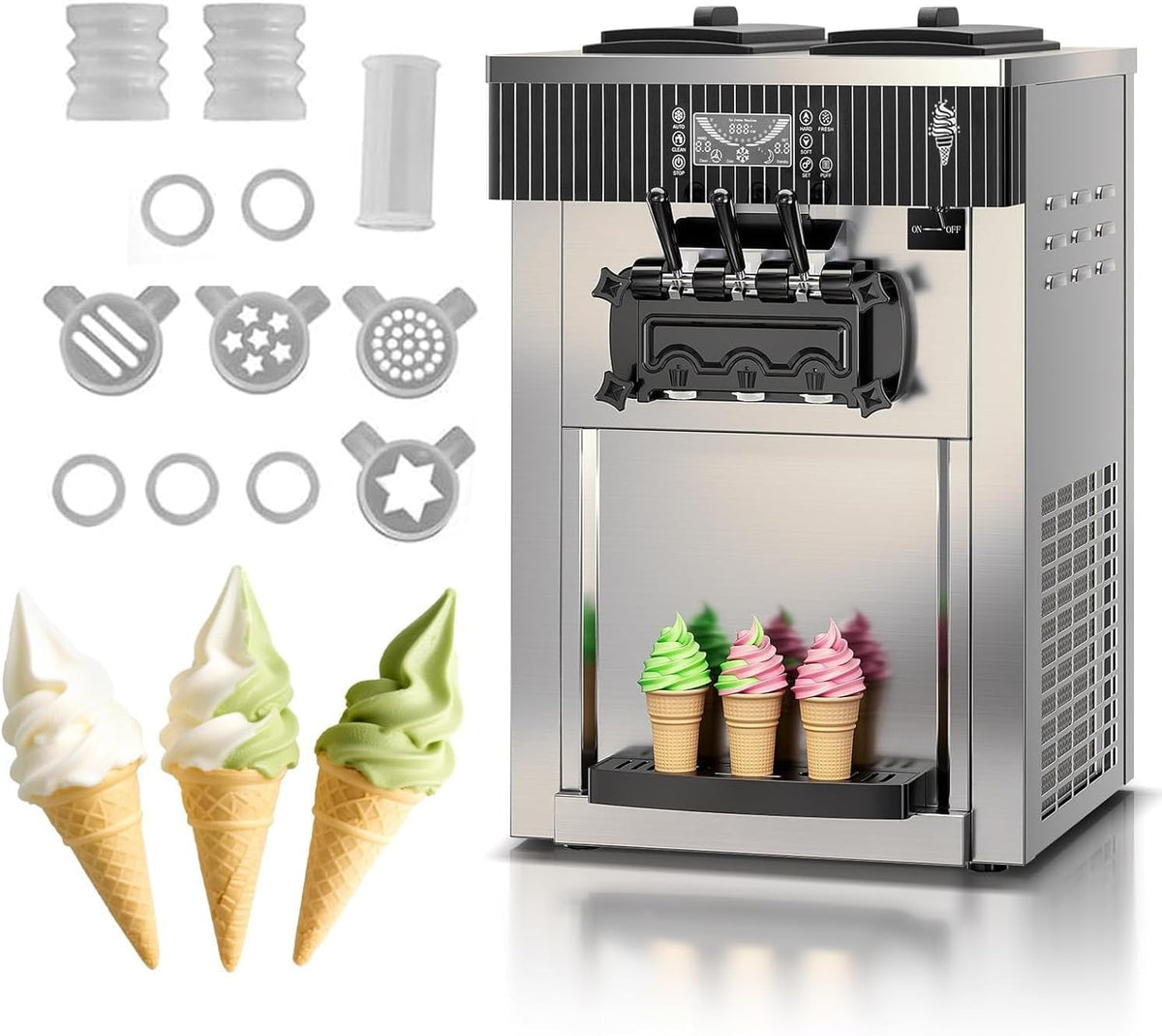 Zhimai Ijsmachine YKF-8218T, 6 l x 2 trechters, 20-28 l/u, 2 + 1 smaken, commerciële ijsmachine, voor zwaar belaste plaatsen zoals pubs/cafés/winkels