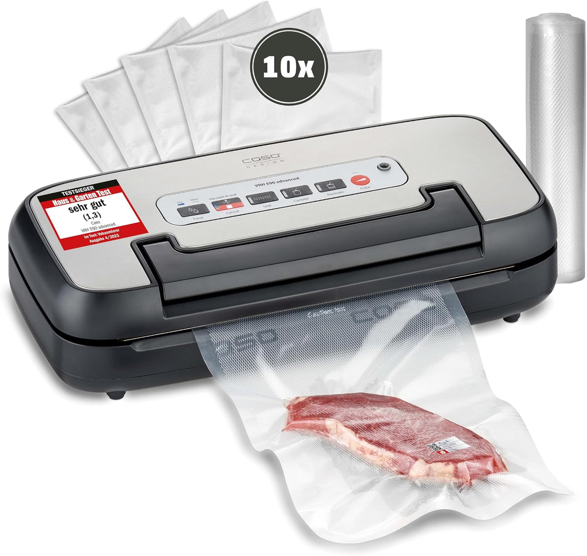 Caso Vacuümsealer VRH 590 Advanced Vacuümmachine, 2,5 mm dikke lasnad, tot 125 vacuümprocessen non-stop, testwinnaar, voor huis en tuin test, cutter