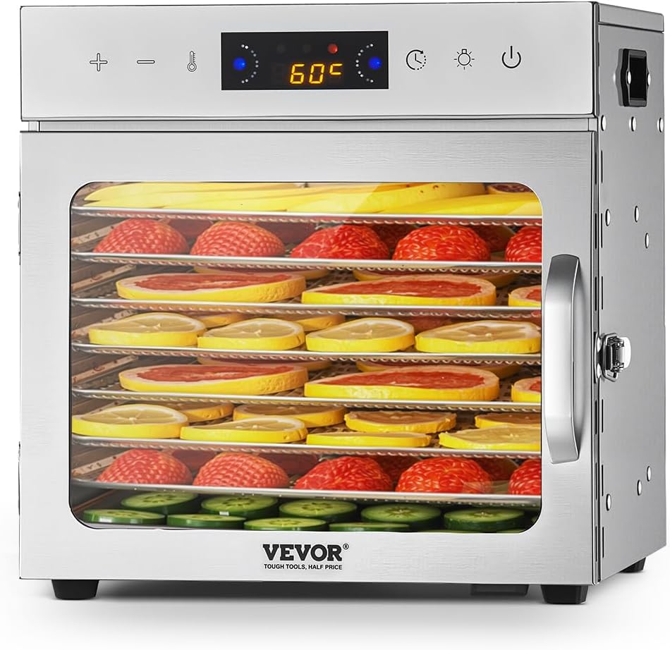 Vevor Voedseldroger Droogautomaat, elektrische 400 W voederdroger, 8 roestvrijstalen schalen, met instelbare temperatuur, vriesdroger, vlees, groenten