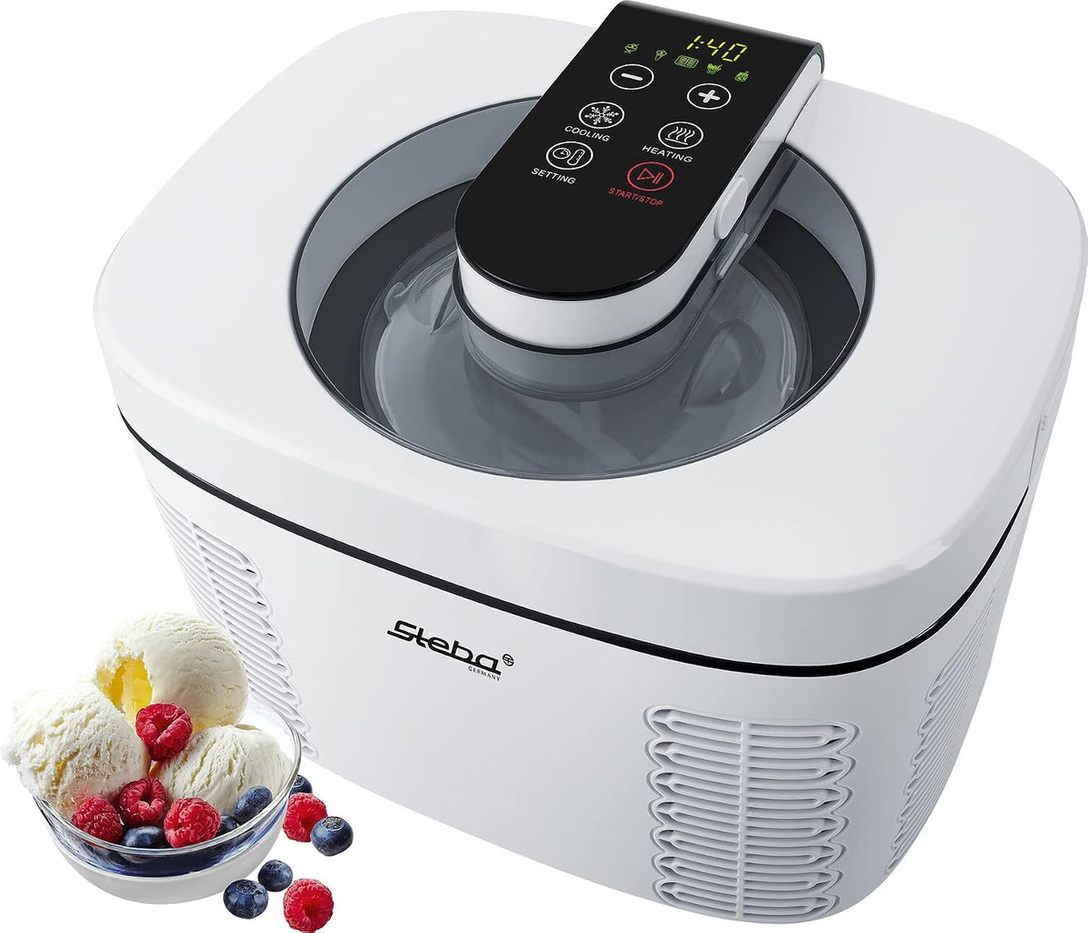 Ijsmachine Steba 05-61-00 IC 110, 1,2 l ijsreservoir en 1,1 l yoghurthouder, 180 minuten timer, zonder voorkoelen direct te gebruiken, zwart/wit