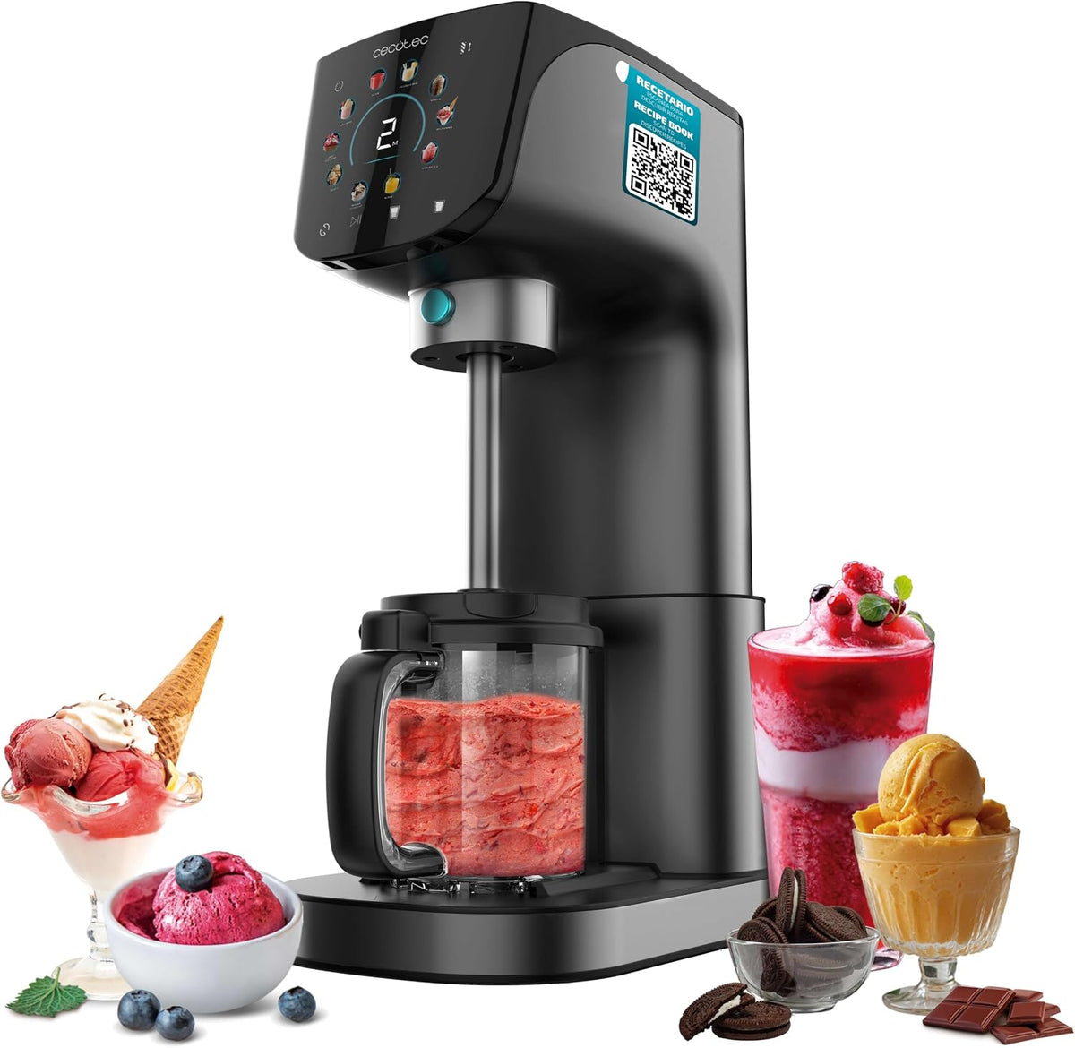 Cecotec Ijsmachine Multifunctionele Gelatec 2100. 500 W, inhoud 2,1 l, 11 ijsprogramma's en slushendranken, 3 bakken, CreamOn en Re-spin-technologie