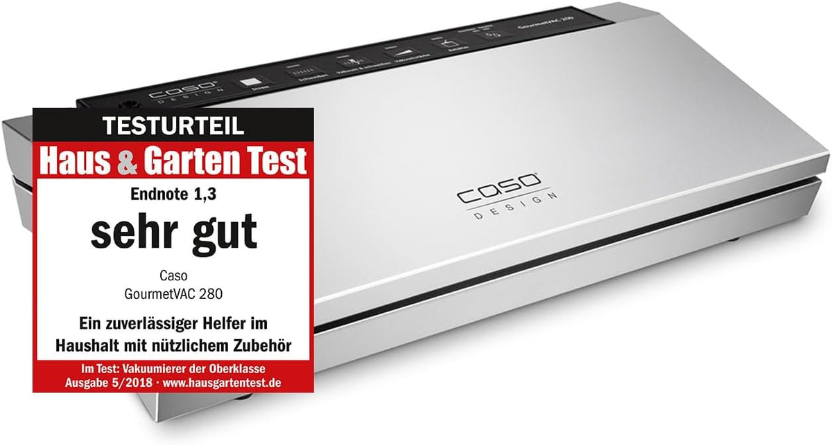 Caso Vacuümsealer GourmetVAC 280, Incl. 10 zakken 20 x 30 cm, Zuigerpomp (15L/min) en krachtige motor, zilver, Dubbele lasnaad