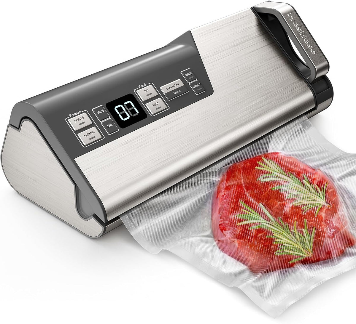 Mesliese Vacuümsealer Vacuümmachine, 140 W, 95 kPa, met geïntegreerd snijwerk en rolopslag (grijs), dubbel sealvacuümapparaat, bediening, met één hand