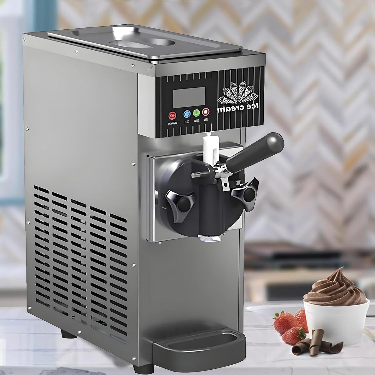 Zyldds Ijsmachine, opbrengst van 4-5 kg/u grijs, commerciële 450W softijsmachine, met voorkoeling, automatische reiniging, LCD-scherm