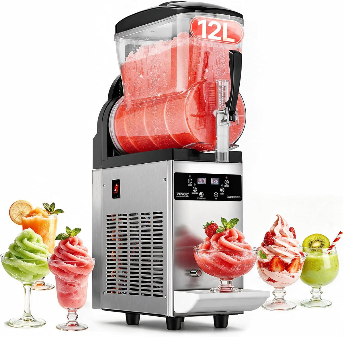 Vevor Ijsmachine Commerciële Slush-, 12 liter, 48 kopjes, enkele tank-machine, voor bevroren dranken, roestvrij staal, slush-ijsmachine, softijsmaker
