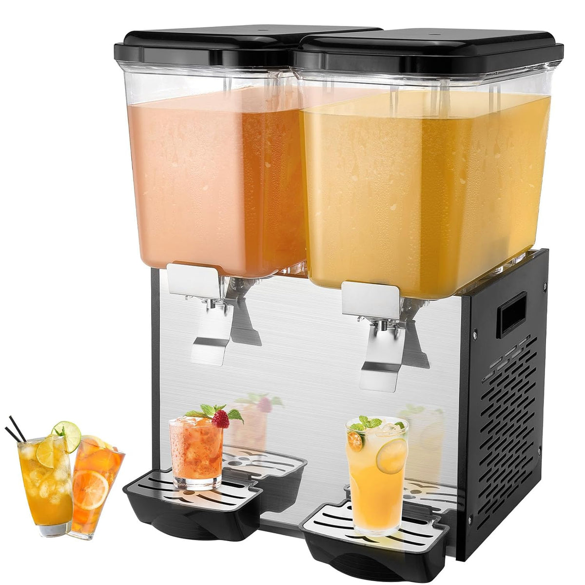 Drankmixer Vevor Commerciële drankdispenser, sapdispenser 18 l (per tank), 370 W roestvrij staal, met 2 tanks, met koeltemperatuur van 7-12 °C, bar