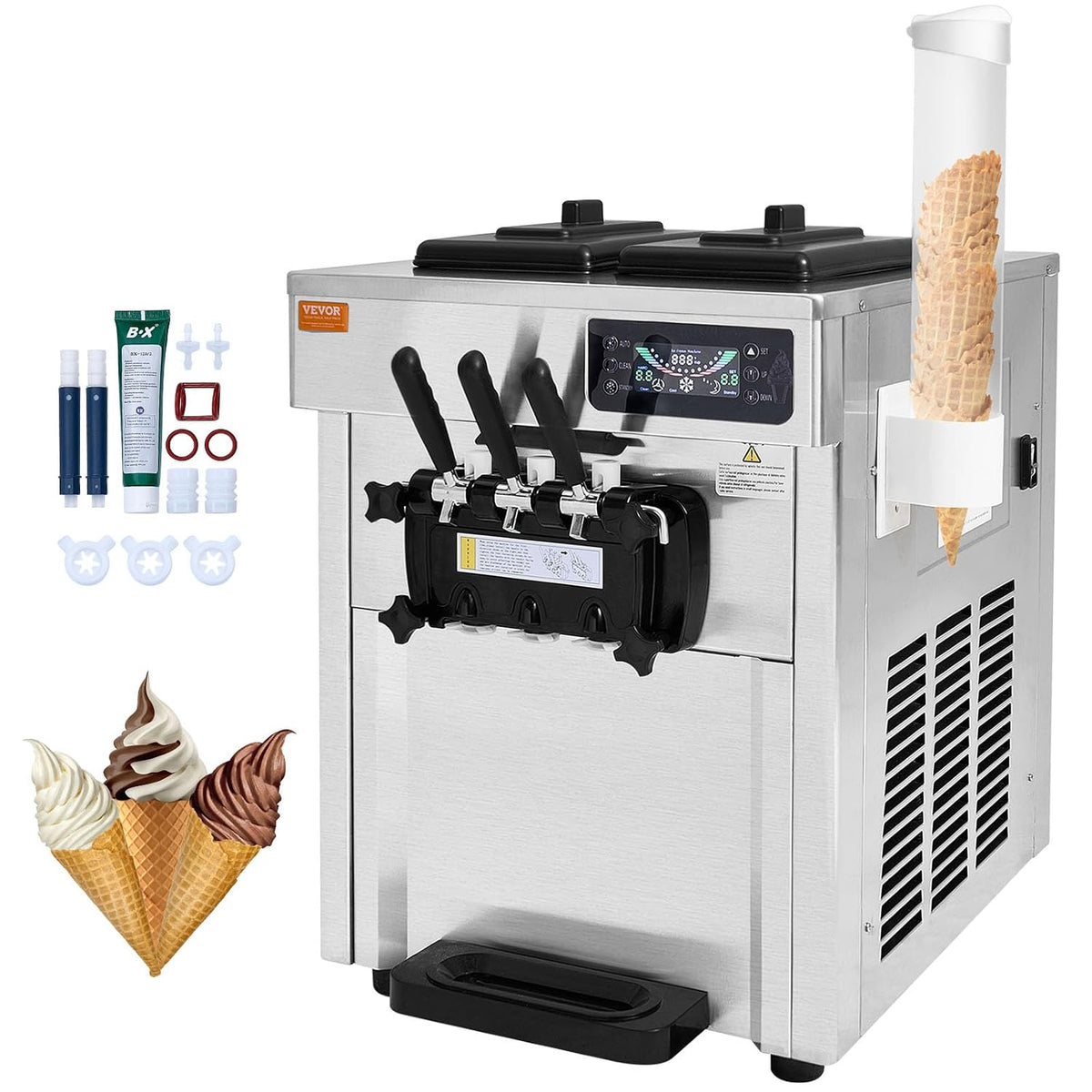 Vevor Ijsmachine Commerciële, 18-28 l/u, inhoud 2 x 5,5 l trechter, 3 smaken, bar, lcd-paneel, automatische voorkoelreiniging, voor yoghurt, koffie