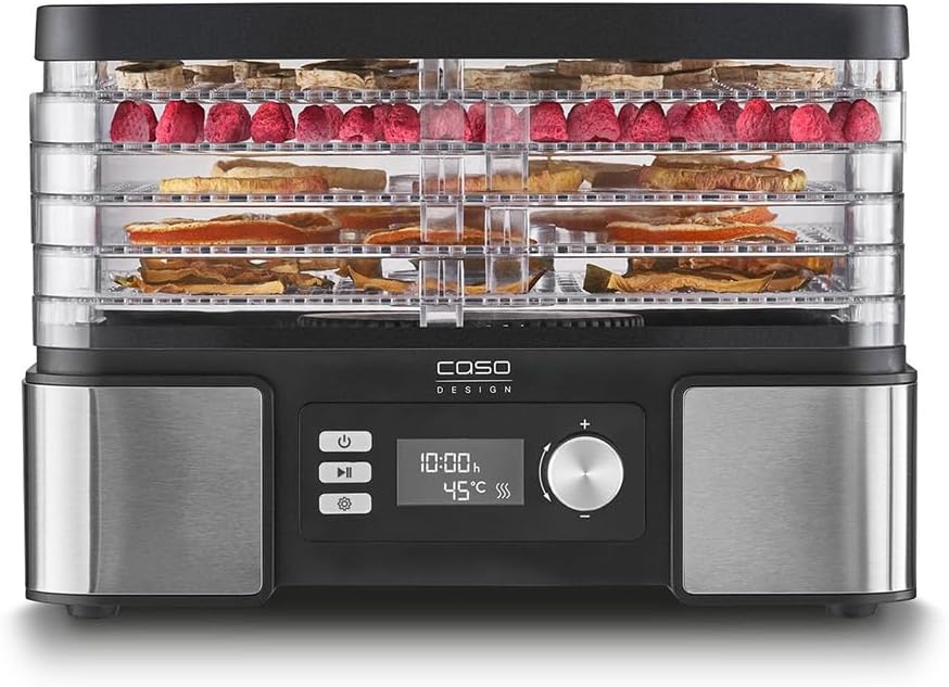 Caso Voedseldroger DH 450 droogautomaat, timer instelbaar van 0,5-48 uur, temperatuur individueel instelbaar van 30-70 °C, voor bijv. fruit, groenten