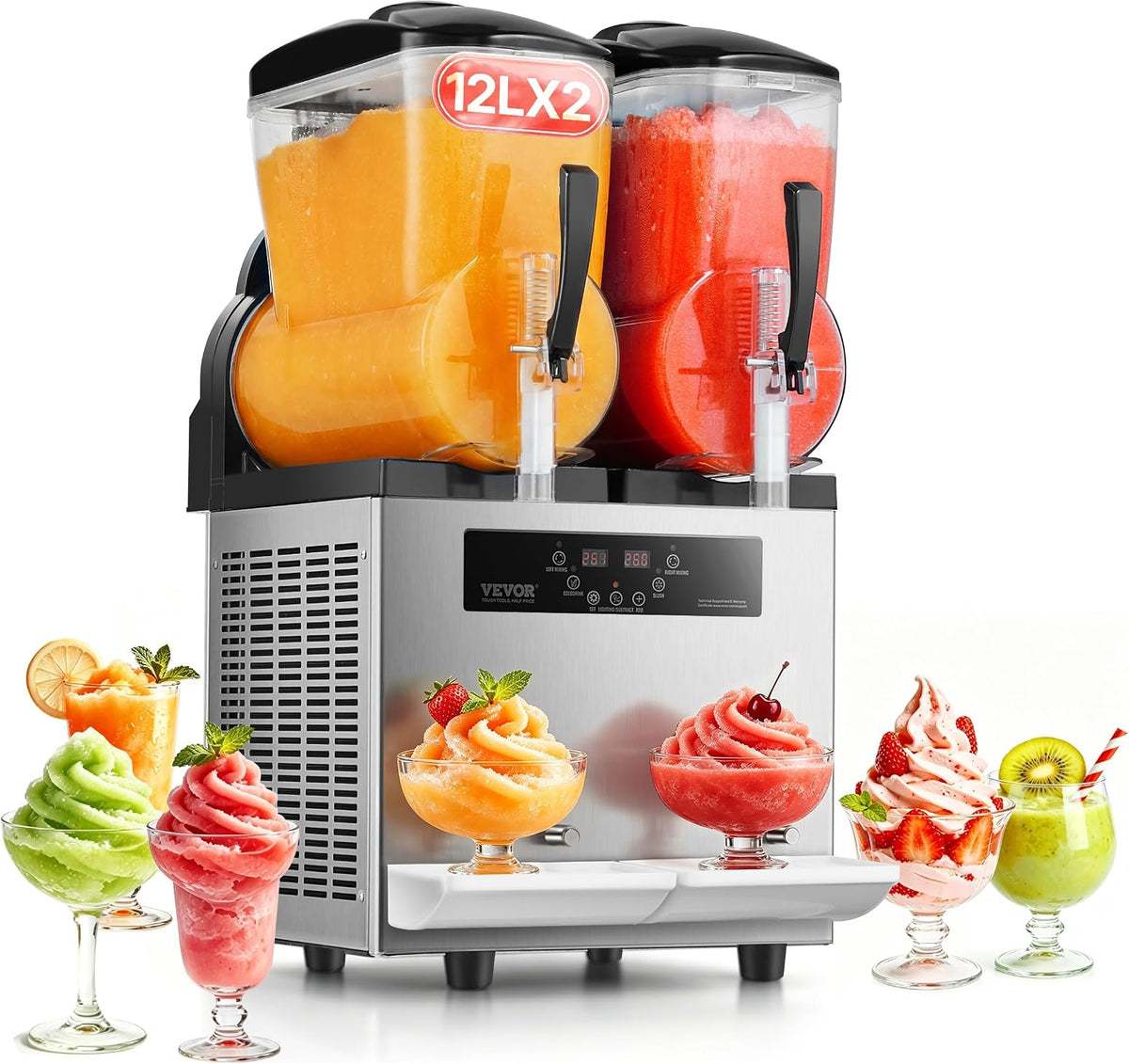 Vevor Ijsmachine Commerciële Slush- 12 l x 2 dubbele tank machine, 96 kopjes roestvrij staal slush-ijsmachine, voor bevroren dranken