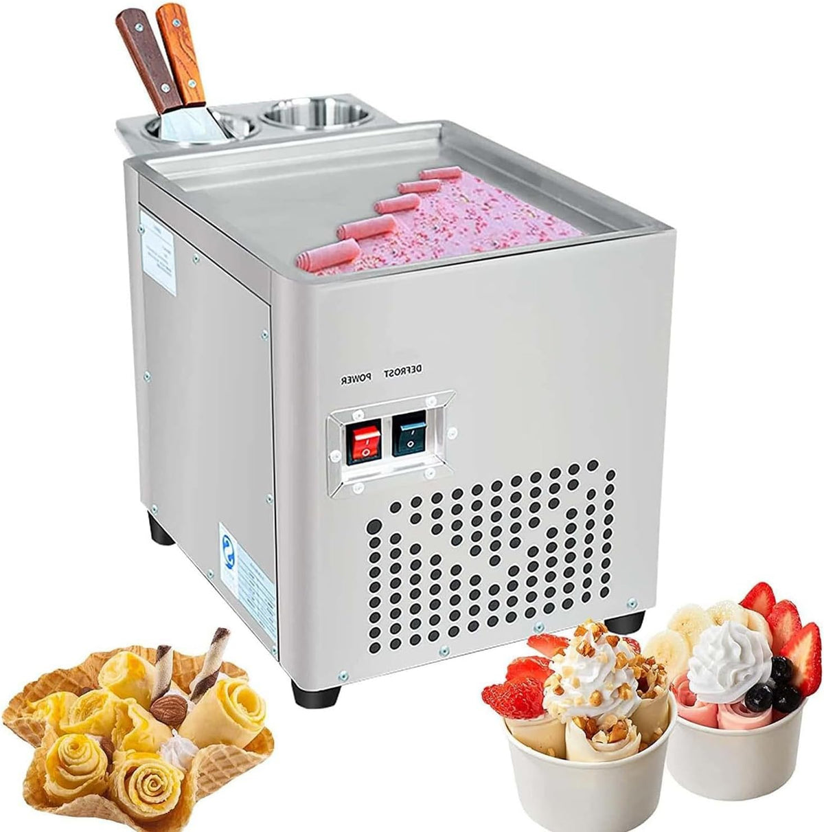 Wotzov Ijsmachine Gefrituurde, 220W commerciële ijsmachine, roergebakken ijsmachine, met enkele vierkante pan, roestvrijstalen commerciële ijsmachine