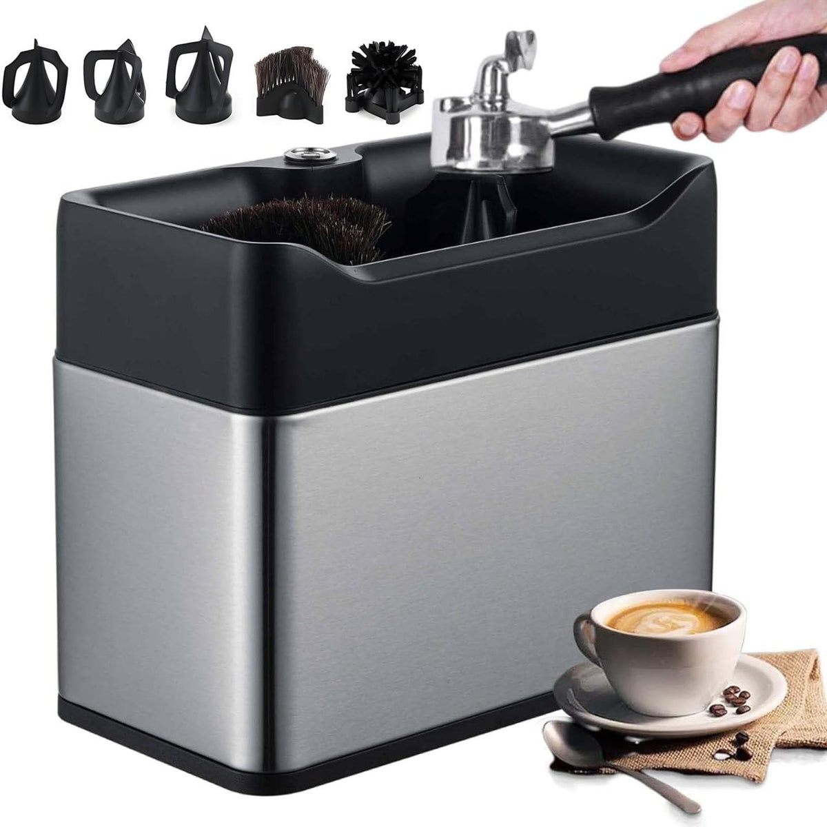 ByBoDi Tablett Elektrische portafilterreiniger, voor portafilters van 58 mm en 51 mm, 3 liter, met 3 schrapers en 2 borstelkoppen, geschikt